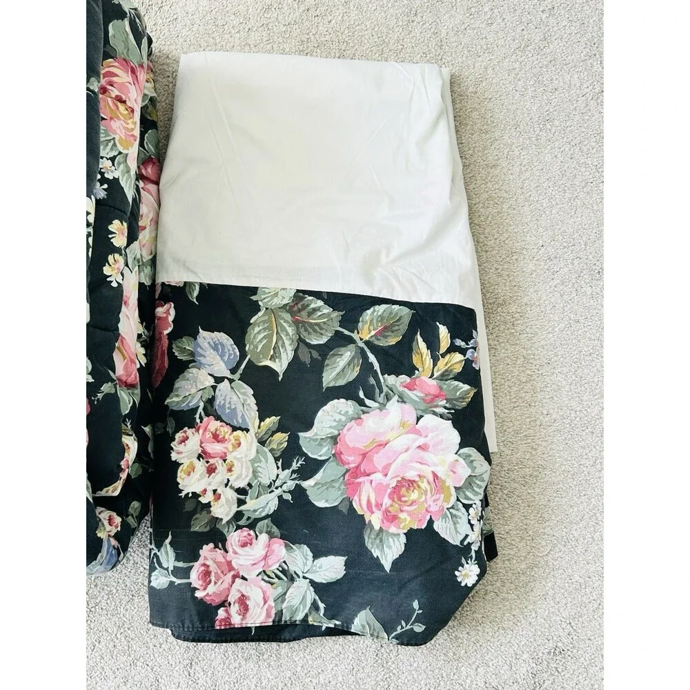 Vtg Croscill Francesca Queen Bedding Set Comforter Sheets Shams Skirt Black Rose